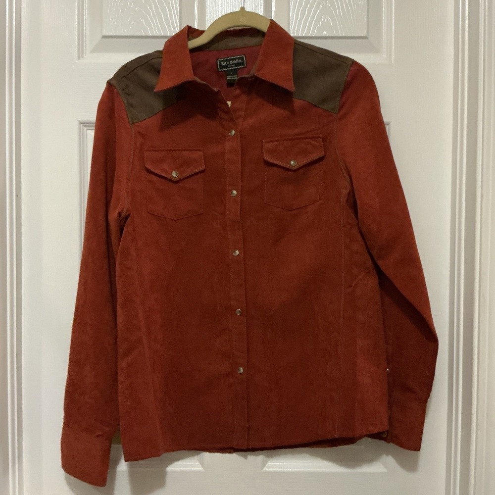 Bit & Bridle Brown/Cumin Pearl Snap Long Sleeve Western Rodeo Shirt L Women